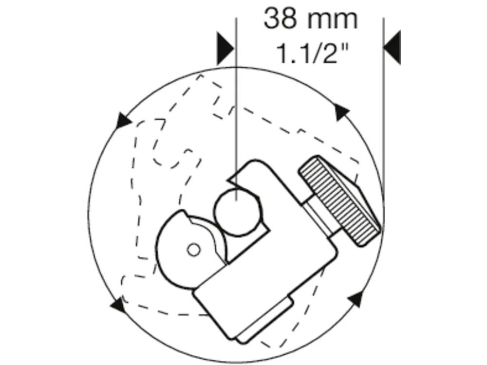 "Darstellung einer Rohrverschraubung mit einer Durchmesser-Messung von 38 mm (1.1/2") und Richtungspfeilen."