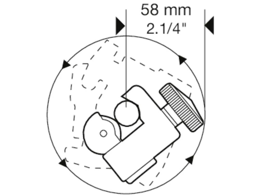 Diagramm, das einen Ventilmechanismus mit einem Durchmesser von 58 mm (2 1/4 Zoll) zeigt. Pfeile markieren Bewegungs- und Positionierungskomponenten.