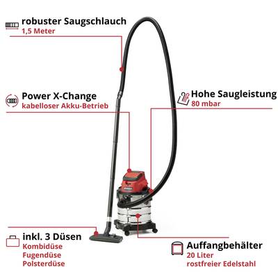 'Nass-Trockensauger mit 20-Liter-Edelstahlbehälter, robustem 1,5m Schlauch, hoher Saugleistung, kabellosem Akku-Betrieb, drei Düsen.'