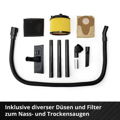 'Ein Satz mit verschiedenen Düsen und Filtern für Nass- und Trockensauger. Enthält Schlauch, Filter und Zubehörteile.'