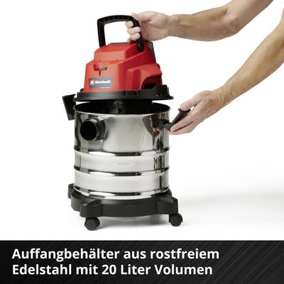 'Person hält einen Industriestaubsauger mit Edelstahlbehälter in der Hand; Fassungsvermögen beträgt 20 Liter.'