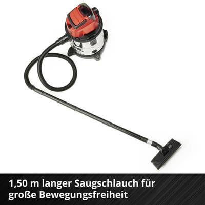 'Industriestaubsauger mit rotem und schwarzem Design und 1,50 m langem Saugschlauch für große Bewegungsfreiheit.'