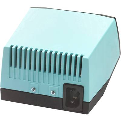 Ein blaues elektrisches Gerät mit Lüftungsschlitzen und einem dreipoligen Netzanschluss auf der Unterseite.