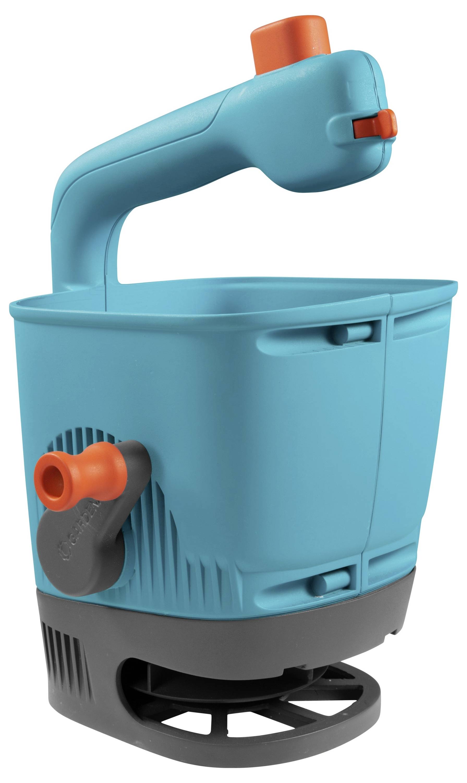 Ein blauer Streuwagen mit orangenen Bedienelementen, für die präzise Ausbringung von Saatgut oder Dünger auf Rasenflächen.