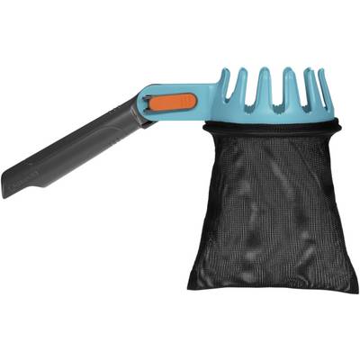 Ein blauer Obstpflücker mit einem schwarzen Netzbeutel. Der Griff hat einen orangenen Schiebeknopf zum Einstellen des Werkzeugs.