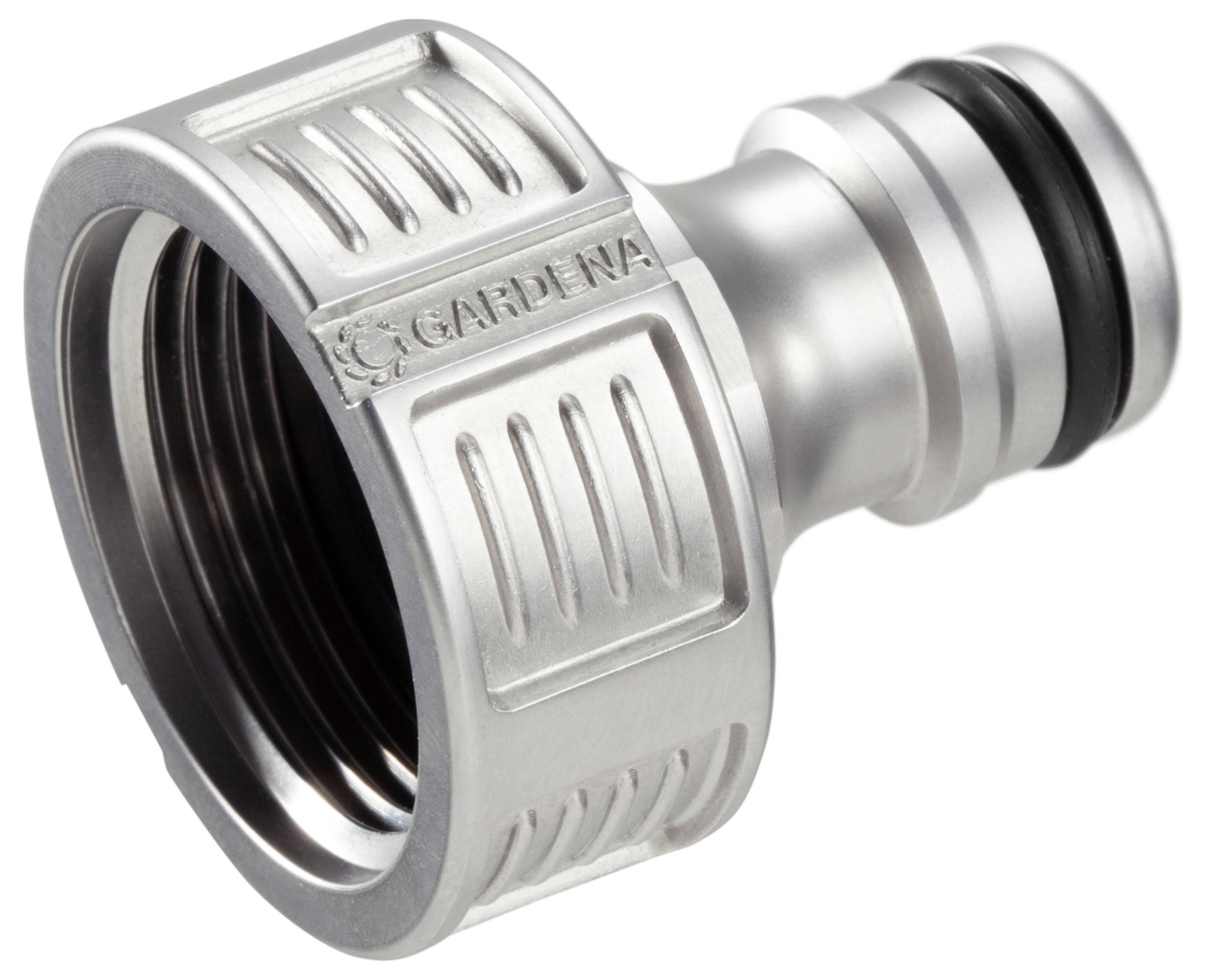 Gartenschlauchanschluss aus Metall, zeigt Gewinde und Dichtungsgummis, zur sicheren Verbindung von Gartenschläuchen an Wasserquellen.