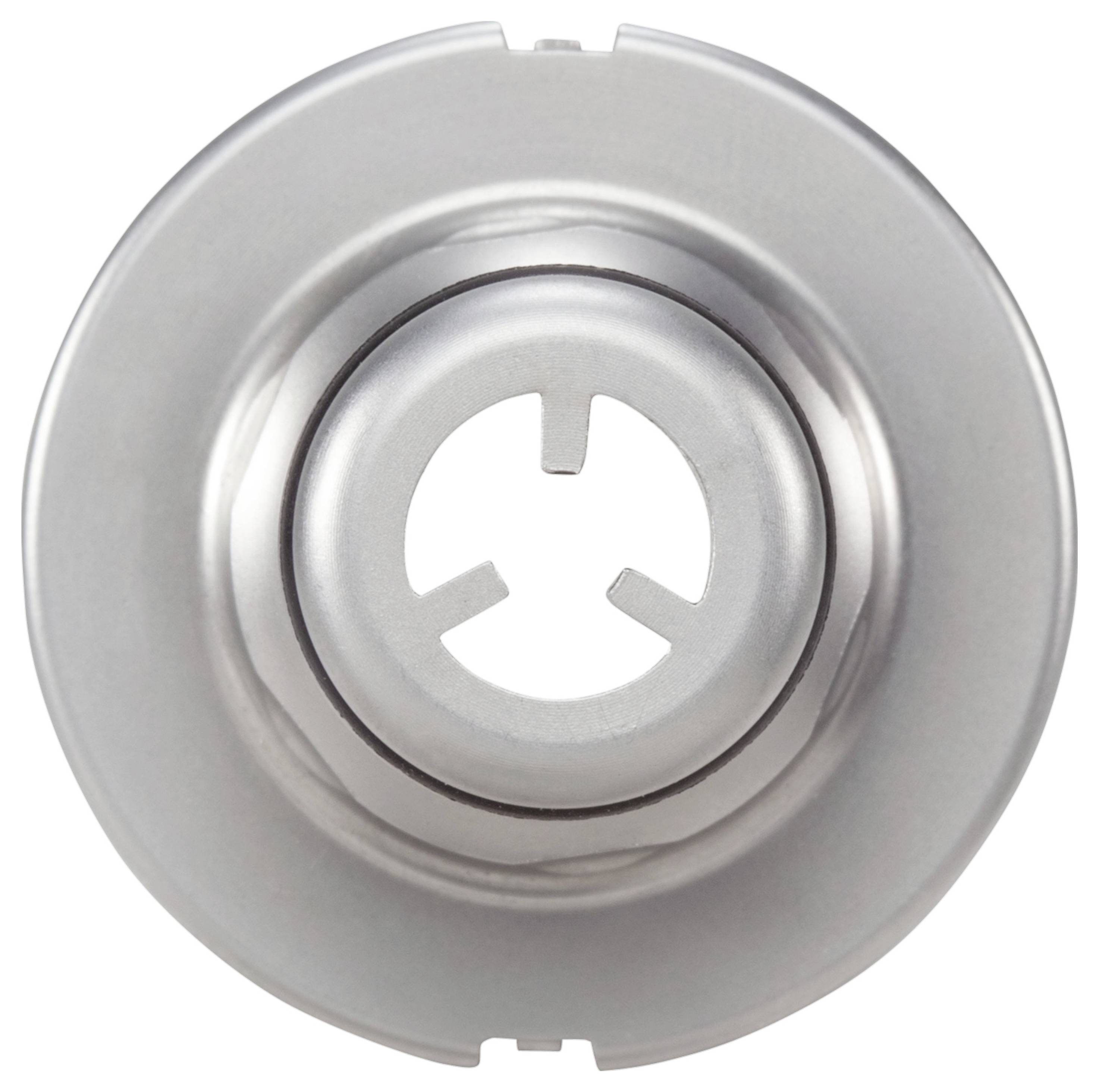 Ein Metallblech mit einem zentralen Loch und umliegenden Aussparungen, typischerweise als Teil eines technischen Geräts verwendet.