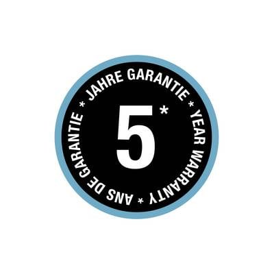 Abzeichen mit der Aufschrift '5 Jahre Garantie' in mehreren Sprachen auf schwarzem Hintergrund mit blauem Rand.