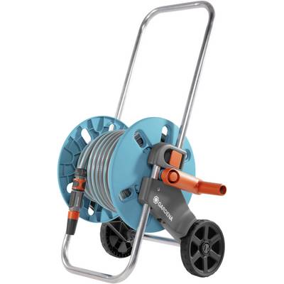 Gartenschlauchwagen mit Schlauch und Aufrollmechanismus, Markenlogo sichtbar, auf zwei großen Rädern für Mobilität.
