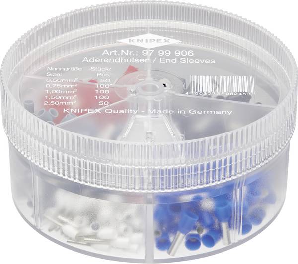 Knipex 97 99 906 Aderendhülsen-Sortiment 0.5 mm², 0.75 mm², 1 mm², 1.5 mm², 2.5 mm² Teilisoliert Weiß, Grau, Rot, Schwarz, Blau 400 St.
