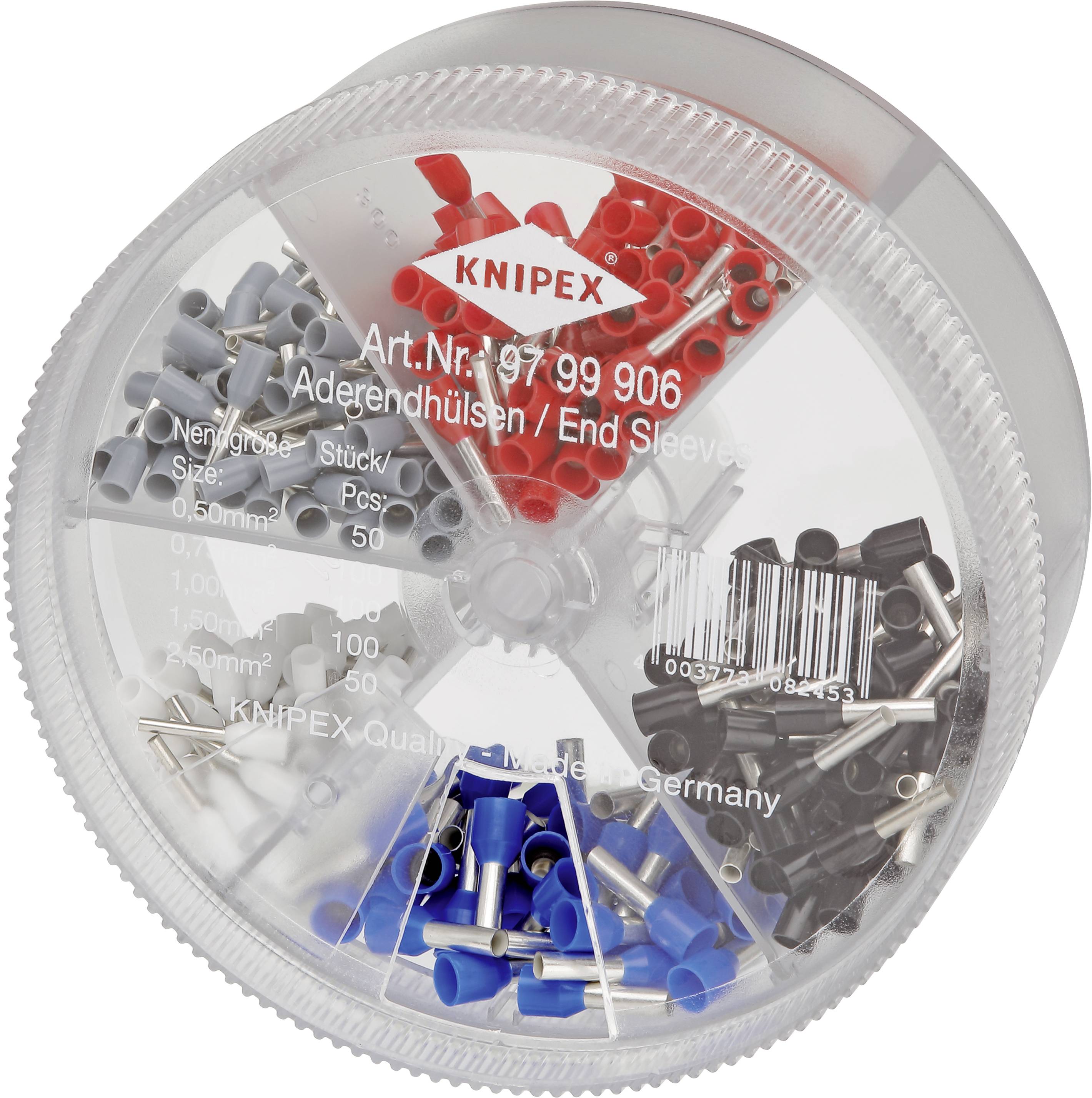 Runde Box mit Aderendhülsen in verschiedenen Farben und Größen, etikettiert mit 'Knipex', enthält rote, blaue, schwarze und graue Hülsen.