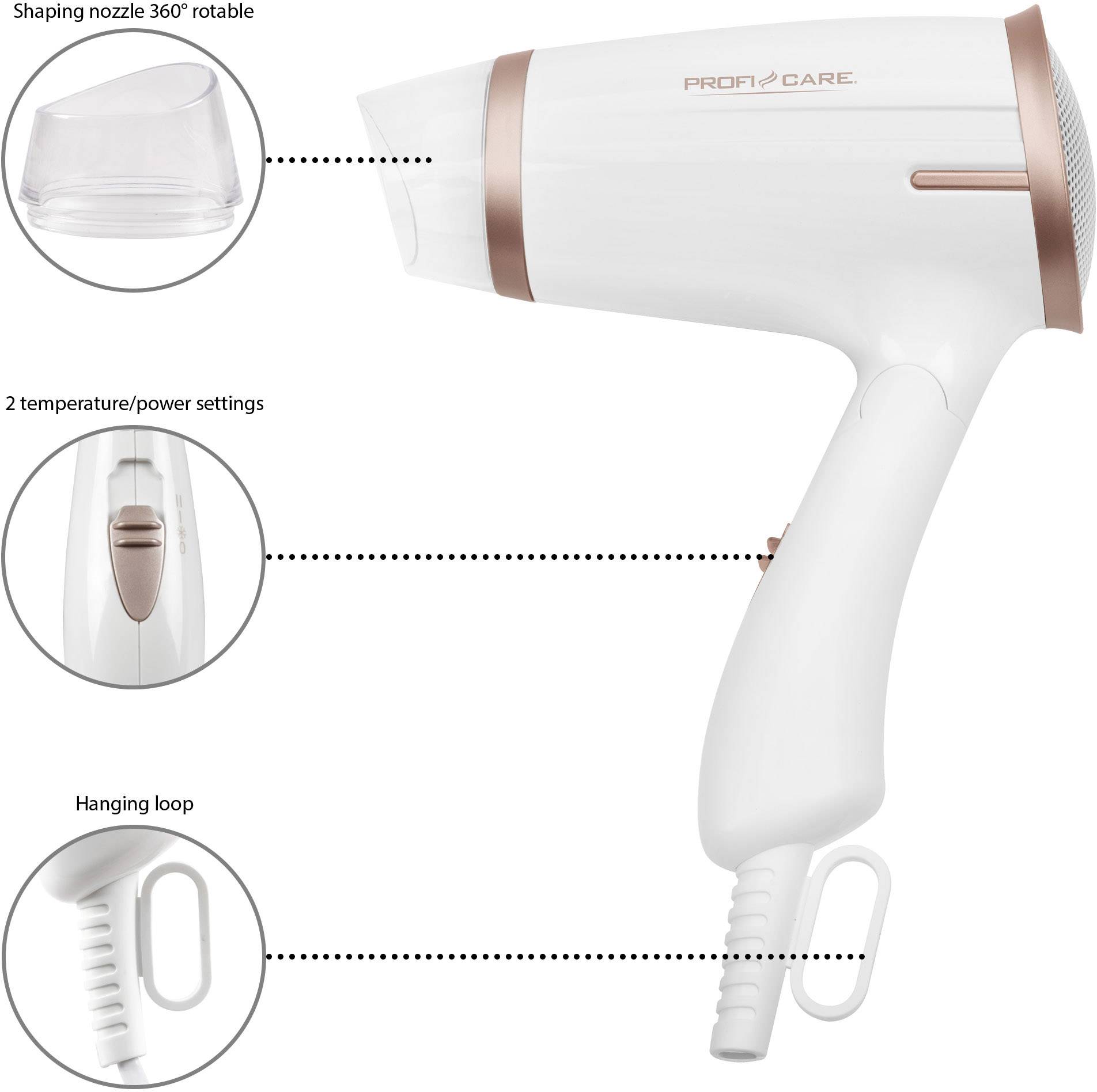 Ein weißer Haartrockner mit roségoldenen Details, 360° drehbarem Stylingdüse, zwei Temperaturstufen und einer Aufhängeschlaufe.