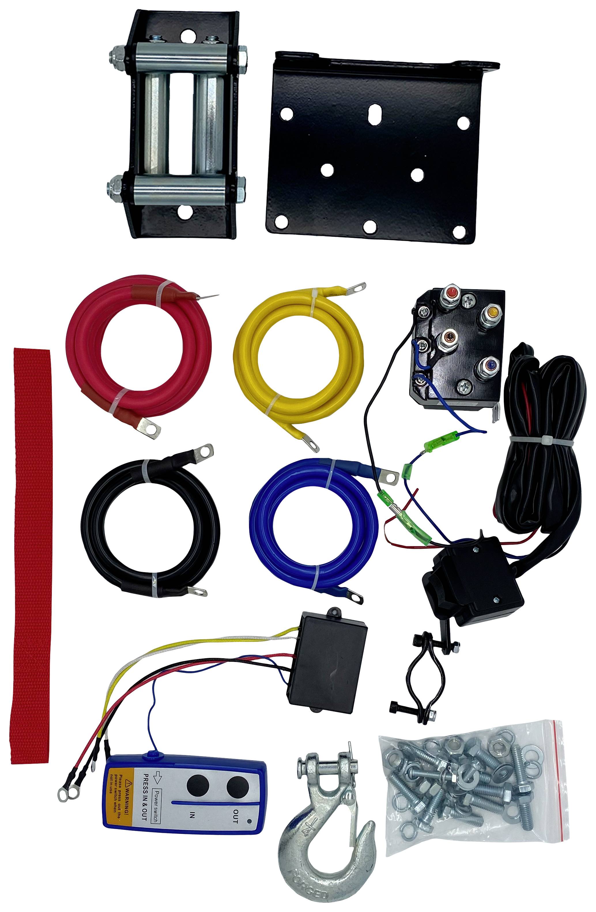 Verschiedene Teile und Kabel zur Installation eines elektrischen Zubehörs. Enthält Haken, Fernbedienung, Schrauben und Halterungen.