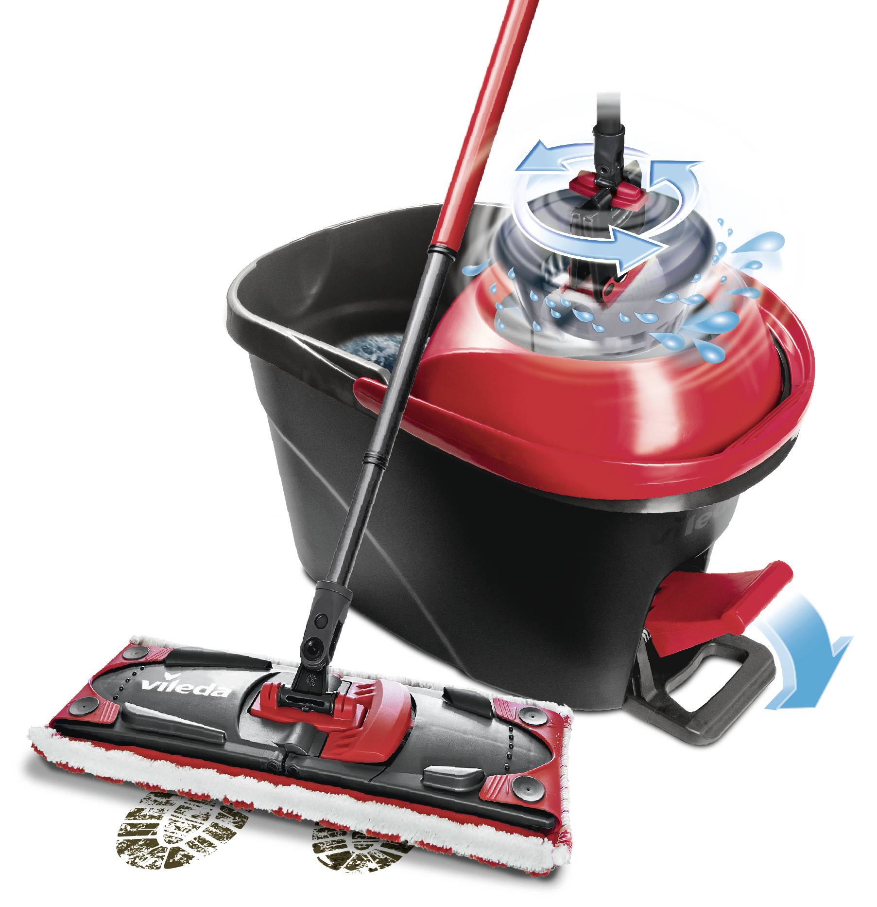 Ein roter und schwarzer Reinigungseimer mit einem Wischmopp, der Fußabdrücke auf dem Boden reinigt. Pfeile zeigen die Rotation an.