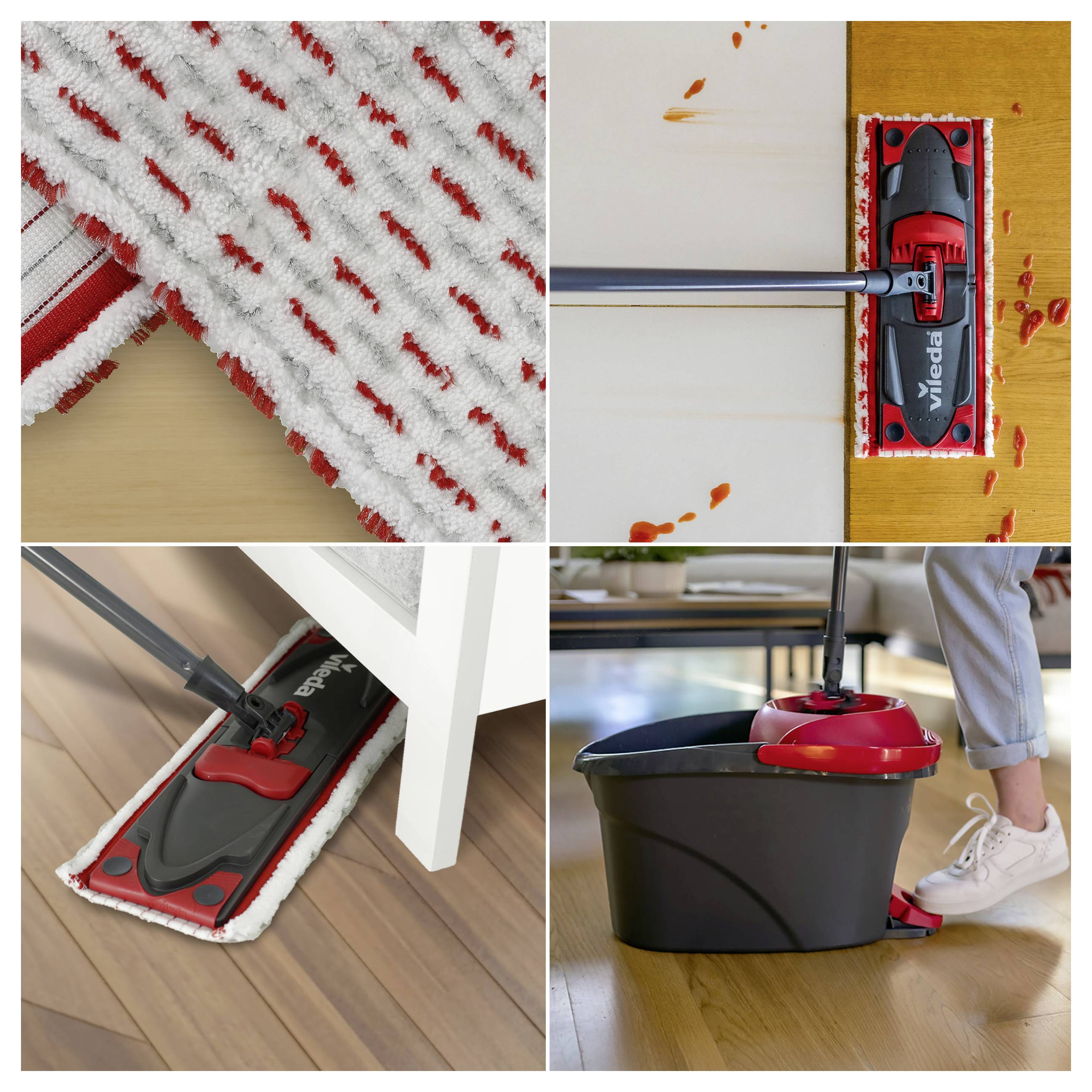Vier Bilder zeigen einen rot-schwarzen Vileda-Flachmop beim Reinigen von Böden, einschließlich Wischen von Verschüttungen, Erreichen von Bereichen unter Möbeln und Ausspülen eines Mops in einem Eimer.