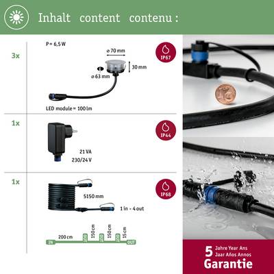 'Inhalt': Abbildung zeigt ein LED-Modul mit technischen Spezifikationen und Schutzarten IP67, IP44 und IP68. 5 Jahre Garantie.
