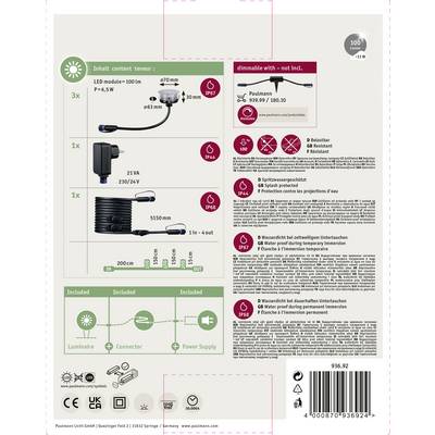 Verpackung eines LED-Moduls mit Zubehör. Enthält LED-Modul, Netzadapter, Kabel, montiert auf einer 70mm Blende. Angaben zu Sicherheit und Energieverbrauch.