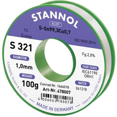 Stannol S321 2,0% 1,0MM SN99,3CU0,7CD 100G Lötzinn, bleifrei bleifrei, Spule Sn99,3Cu0,7 ORH1 100 g 1 mm