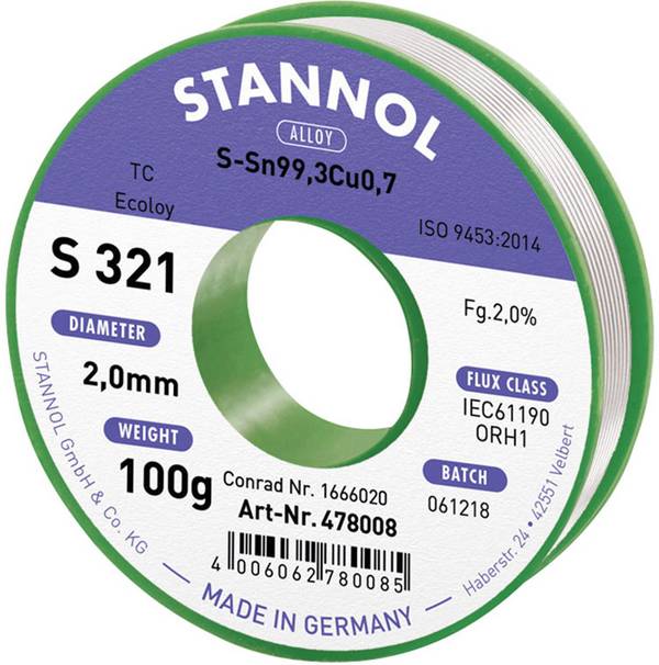 Stannol S321 2,0% 2,0MM SN99,3CU0,7 CD 100G Lötzinn, bleifrei bleifrei, Spule Sn99,3Cu0,7 ORH1 100 g 2 mm