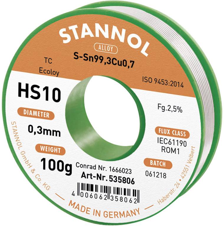 STANNOL HS10 2,5% 0,3MM SN99,3CU0,7 CD 100G Lötzinn, bleifrei bleifrei, Spule Sn99.3Cu0.7 100 g