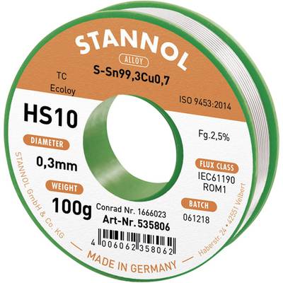 Stannol HS10 2,5% 0,3MM SN99,3CU0,7 CD 100G Lötzinn, bleifrei bleifrei, Spule Sn99,3Cu0,7 ROM1 100 g 0.3 mm
