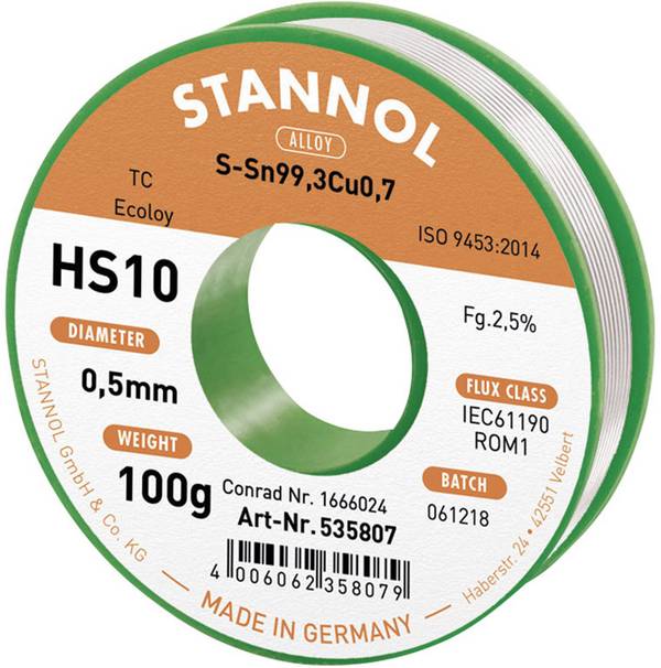 Stannol HS10 2,5% 0,5MM SN99,3CU0,7 CD 100G Lötzinn, bleifrei bleifrei, Spule Sn99,3Cu0,7 ROM1 100 g 0.5 mm