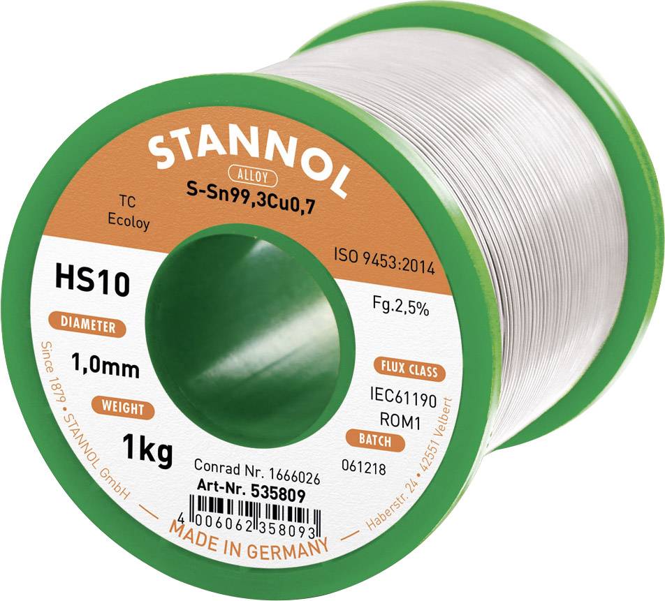 STANNOL HS10 2,5% 1,0MM SN99,3CU0,7 CD 1000G Lötzinn, bleifrei bleifrei, Spule Sn99.3Cu0.7 1000