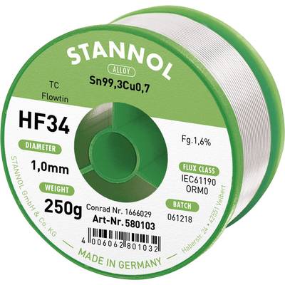 Stannol HF34 1,6% 1,0MM FLOWTIN TC CD 250G Lötzinn, bleifrei Spule, bleifrei Sn99,3Cu0,7 ORM0 250 g 1 mm