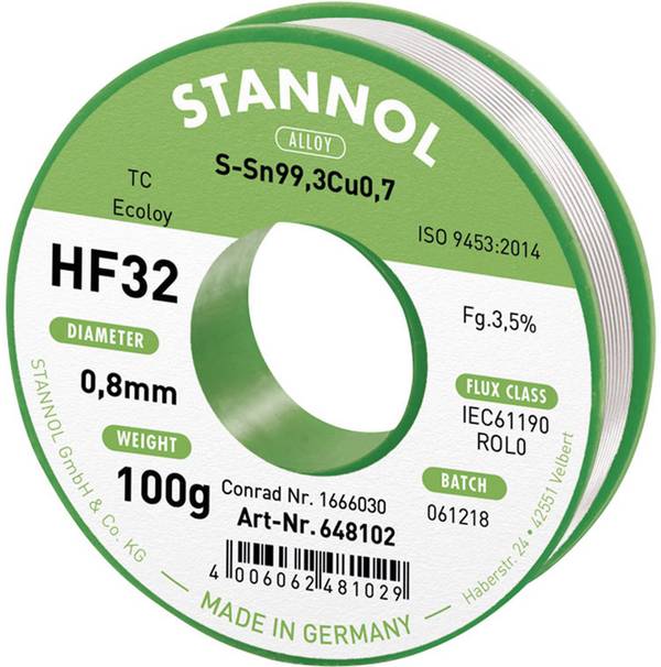 Stannol HF32 3,5% 0,8MM SN99,3CU0,7 CD 100G Lötzinn, bleifrei bleifrei, Spule Sn99,3Cu0,7 ROL0 100 g 0.8 mm