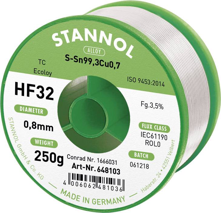 'Lötzinnrolle der Marke Stannol, Modell HF32, Durchmesser 0,8 mm, Gewicht 250 g, Flussmittelklasse IEC61190, hergestellt in Deutschland.'
