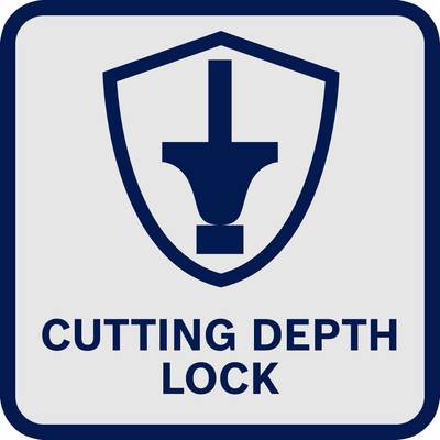 Schild mit einem Symbol eines Verriegelungsmechanismus und der Aufschrift 'CUTTING DEPTH LOCK', zeigt die Funktion zur Schnitttiefenverriegelung an.