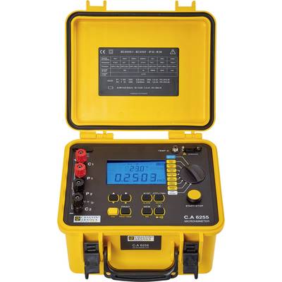 Multimeter in einem gelben Gehäuse mit digitalem Display, das '0,2500 mΩ' anzeigt. Mehrere Drehregler und Anschlüsse sind sichtbar.