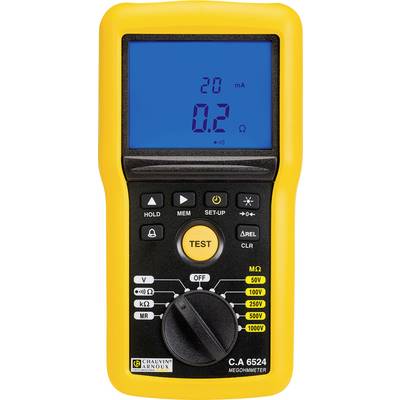 Ein gelbes Megohmmeter mit blauem Display zeigt '0.2 Ohm' an. Buttons zur Funktionsauswahl und Drehschalter für Spannungsstufen.