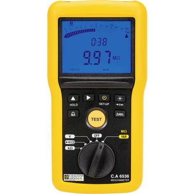 Ein gelbes digitales Megohmmeter mit Anzeige von '9.97 MΩ' auf dem Bildschirm. Verschiedene Tasten und Messoptionen sind sichtbar.