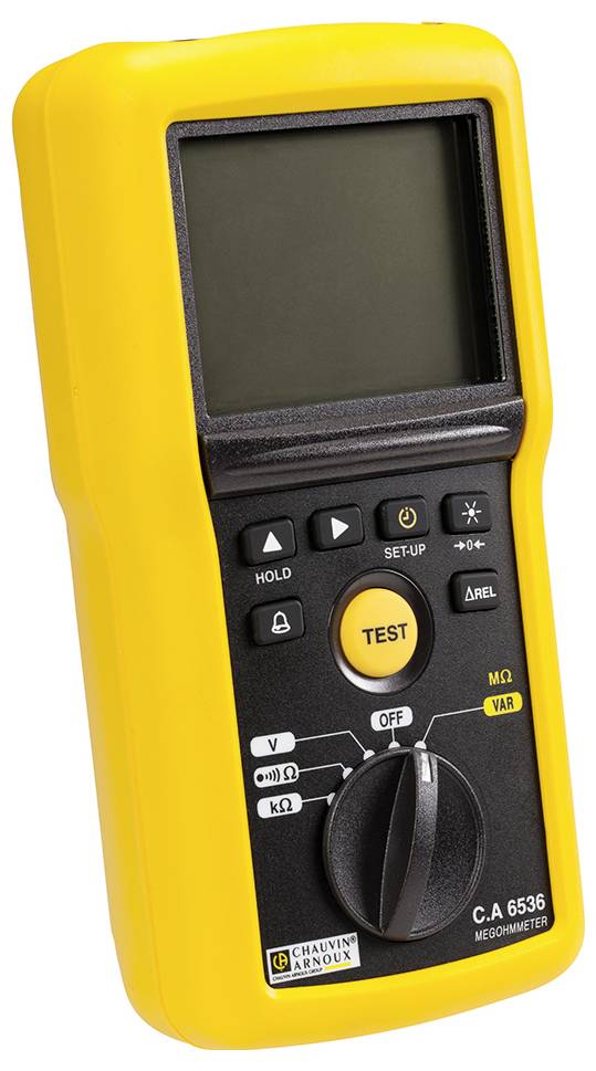 Ein gelbes tragbares Messgerät mit großem Display und mehreren Tasten, darunter 'TEST', zur Messung und Anzeige elektrischer Parameter.