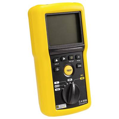 Ein gelbes tragbares Messgerät mit großem Display und mehreren Tasten, darunter 'TEST', zur Messung und Anzeige elektrischer Parameter.