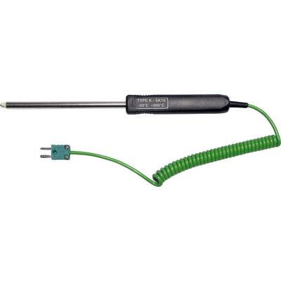 Ein temperaturbeständiger Fühler des Typs K mit grünem gewundenem Kabel und Metallfühler, geeignet für Temperaturen von -50°C bis 900°C.