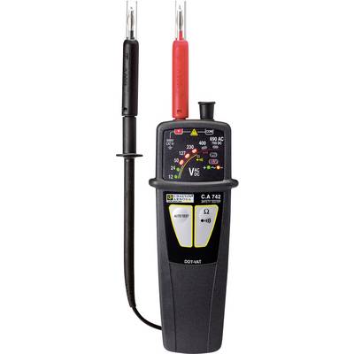 Spannungsprüfer mit schwarzer und roter Sonde, Tasten zur Einstellung, Display mit Anzeigen für Spannung in Volt und Messmodus.