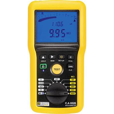 Ein gelbes Megohmmeter mit blauem Display zeigt Messwerte von 110,6 µA und 9,95 MΩ an. Es hat verschiedene Tasten und einen Drehschalter.