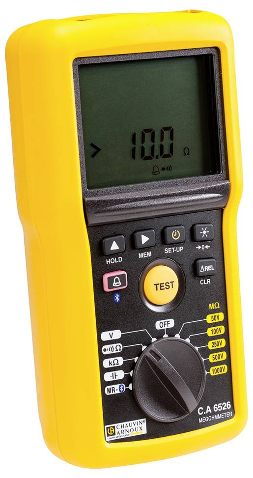 Ein gelbes digitales Multimeter, Modell C.A 6526, zeigt einen Messwert von '10.0'. Es verfügt über Tasten und einen Drehschalter zur Modusauswahl.
