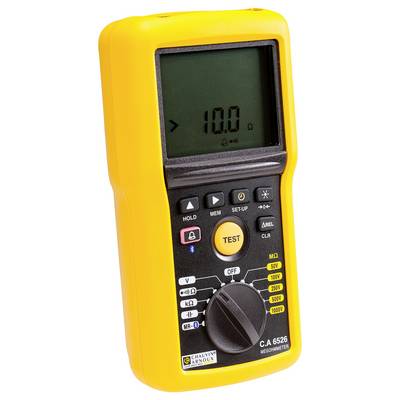 Ein gelbes digitales Multimeter, Modell C.A 6526, zeigt einen Messwert von '10.0'. Es verfügt über Tasten und einen Drehschalter zur Modusauswahl.