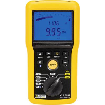 Ein gelbes digitales Megohmmeter mit blauem Display zeigt '110,6' und '9,95 MΩ'. Tasten und Drehschalter sind sichtbar.