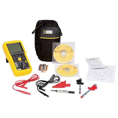 Multimeter-Set mit gelbem Digitalmultimeter, zwei CDs, Batterien, Messleitungen, Krokodilklemmen und Anleitung neben schwarzer Tasche.