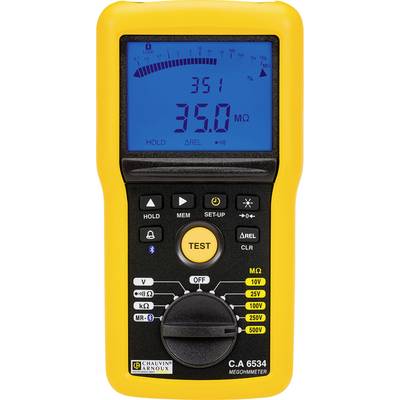 Ein gelbes digitales Multimeter zeigt Messung von 35,0 MΩ an. Tasten zur Auswahl von Spannungs- und Widerstandsmessung sind sichtbar.