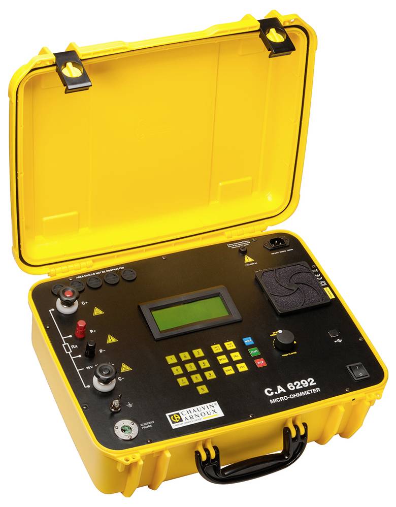 Gelbes tragbares Mikro-OHMMeter 'C.A 6292' mit digitalem Display, Tastenfeld und mehreren Anschlüssen, verwendet zur Messung niederohmiger Widerstände.