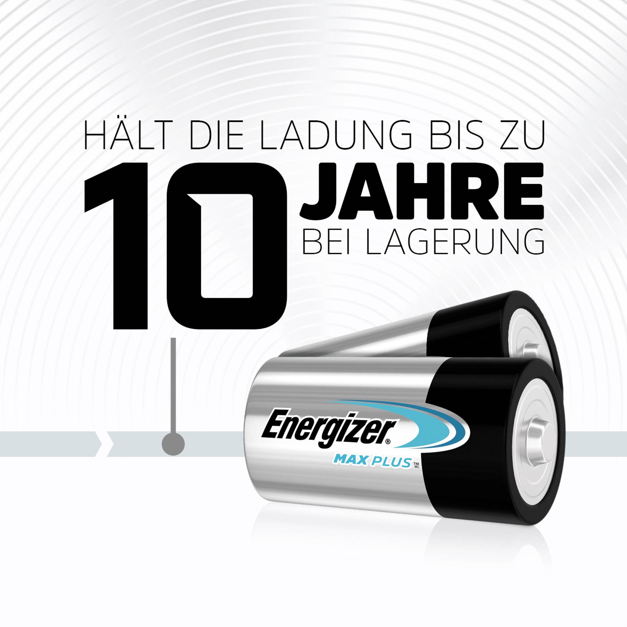 Zwei Batterien mit dem Text 'Hält die Ladung bis zu 10 Jahre bei Lagerung'. 