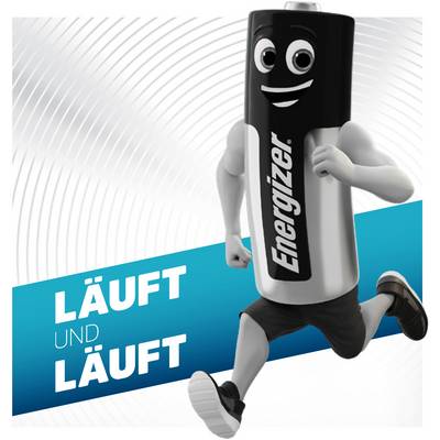 Lächelnde Batteriefigur mit dem Schriftzug 'Energizer', die läuft. Links daneben steht in großen Buchstaben 'LÄUFT UND LÄUFT'.