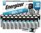 Verpackung von Energizer Max Plus AA-Batterien mit 20 Stück. Aufschrift: '150% länger anhaltend'. Enthält eine Batterie-Reihe und das Maskottchen.