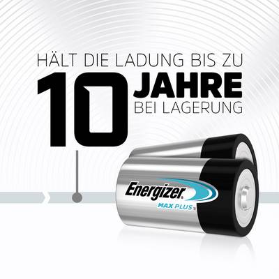 Batterien mit dem Text: 'Hält die Ladung bis zu 10 Jahre bei Lagerung'. Energizer-Logo sichtbar. Grafische Darstellung eines Batterieprodukts.