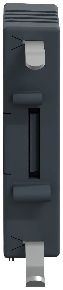 Eine graue elektrische Wandsteckdose mit Ein-/Aus-Schalter und Steckverbindung.